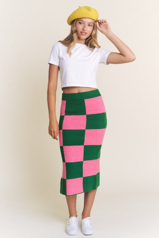 Big Checkered Knit Pencil Midi Skirt